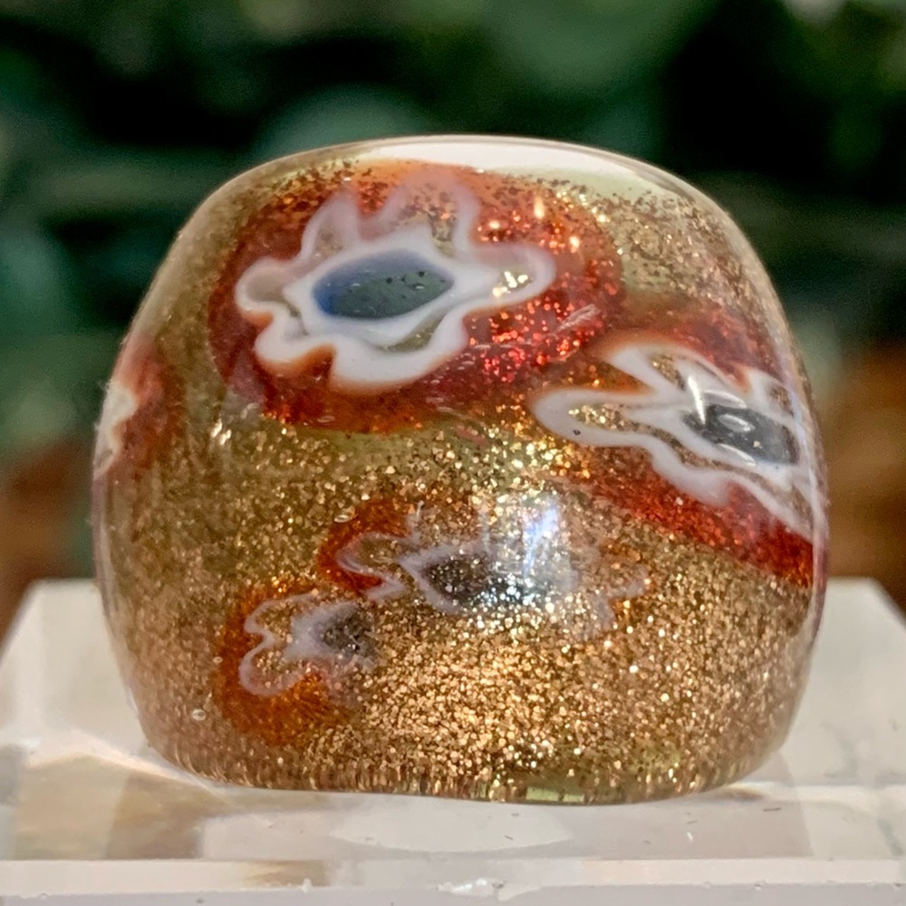 Vintage Murano Style Solid Glass Hand Blown Red Gold Millefiori Dome Ring Size 7